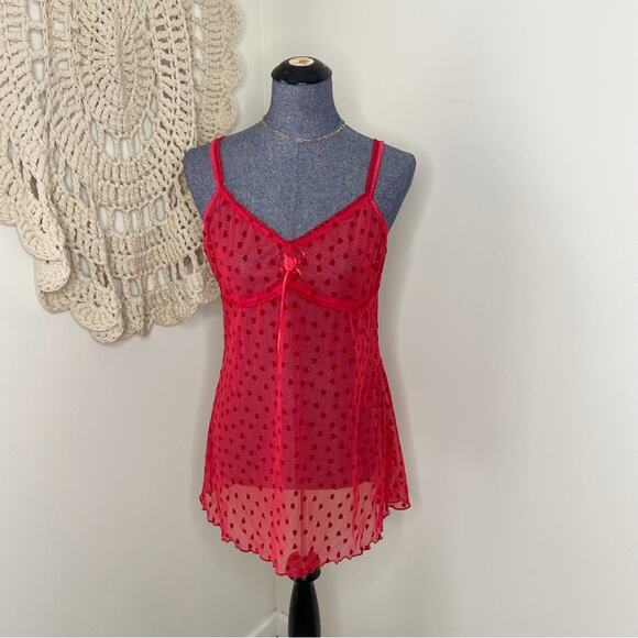 Vintage Y2K Red Heart Flocked Velvet Sheer Chemise Babydoll Slip Size Large - Picture 1 of 4